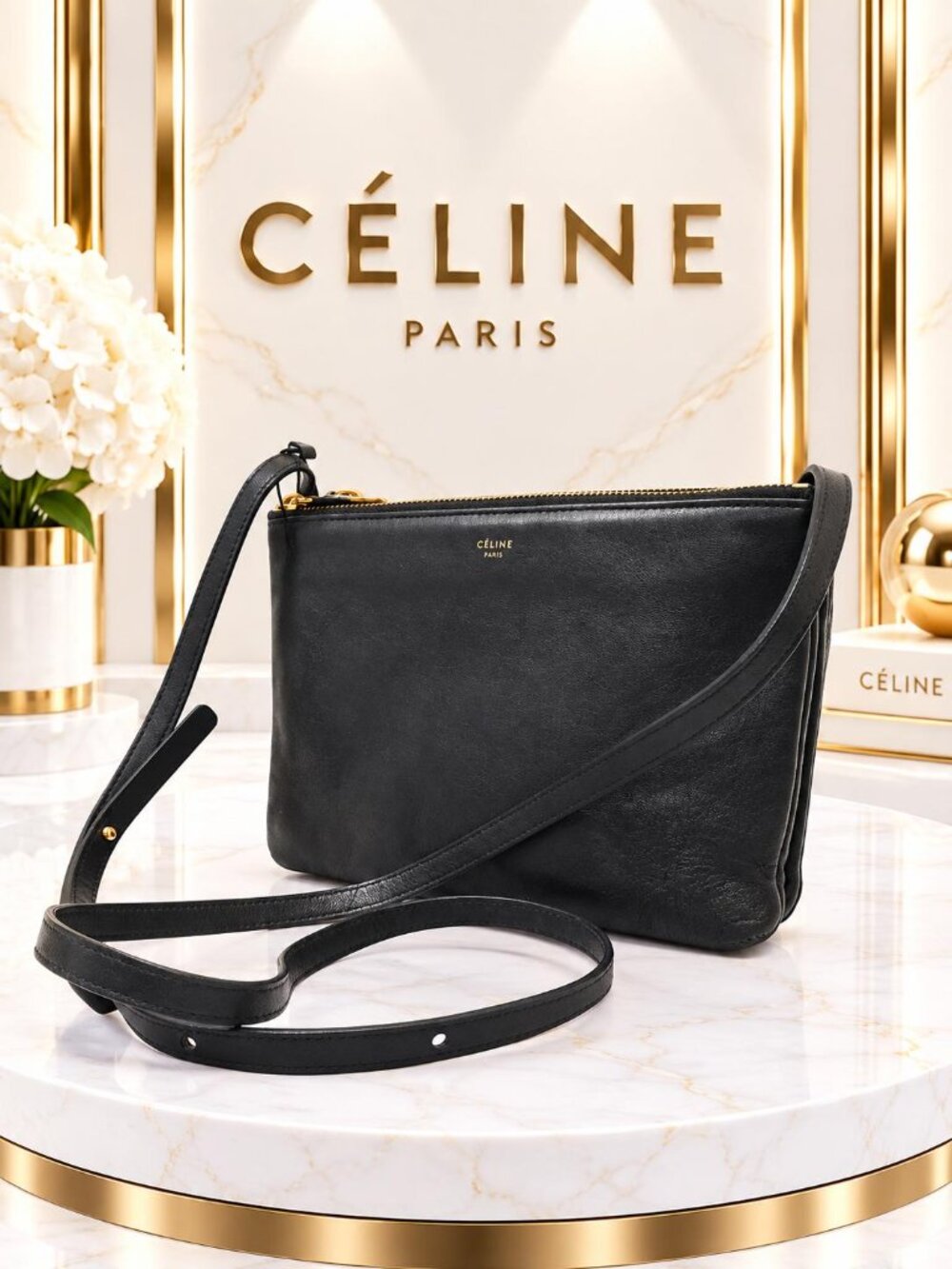 Authentic Celine Trio Black Leather Crossbody Shoulder Bag Gold Logo Classic